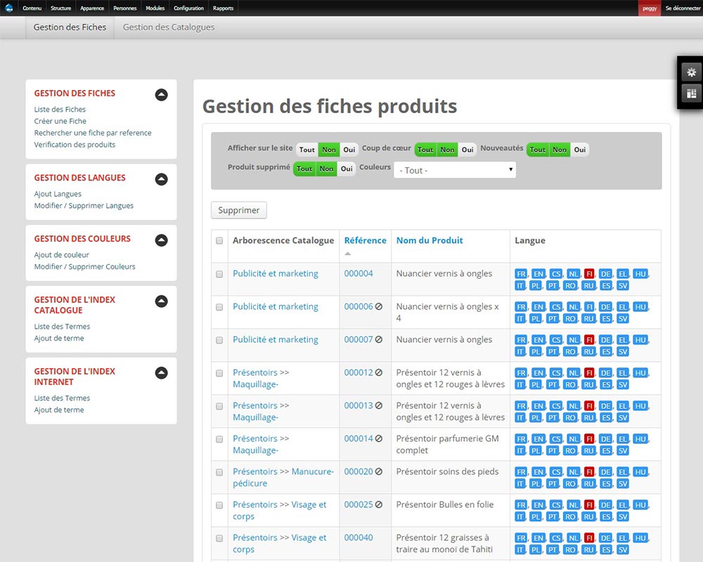 peggy sage - gestion des fiches produits